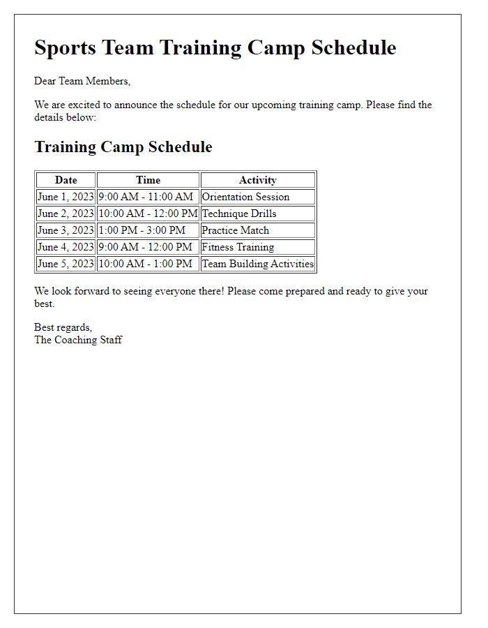 Letter template of sports team training camp schedule