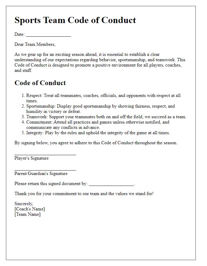 Letter template of sports team code of conduct