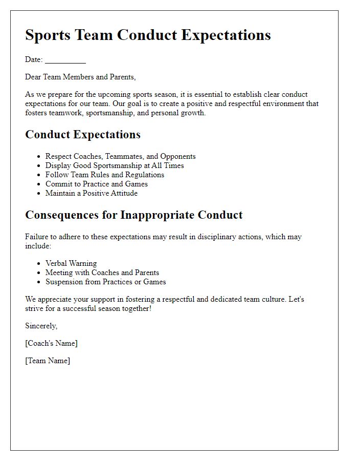 Letter template of sports team conduct expectations