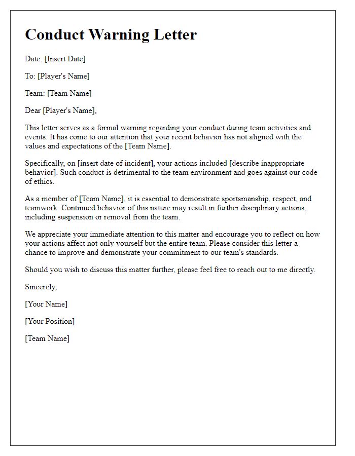 Letter template of sports team conduct warning