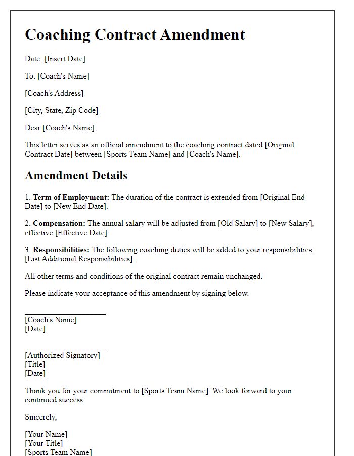 Letter template of sports team coaching contract amendment