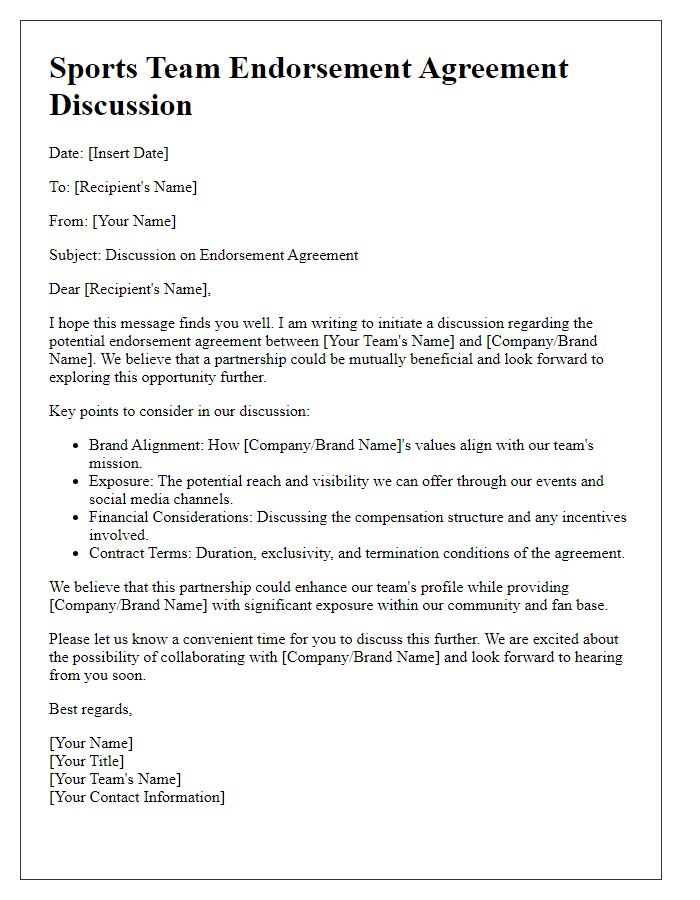 Letter template of sports team endorsement agreement discussion