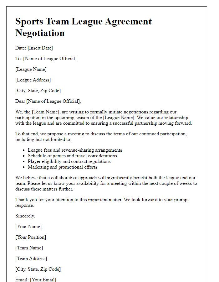 Letter template of sports team league agreement negotiation