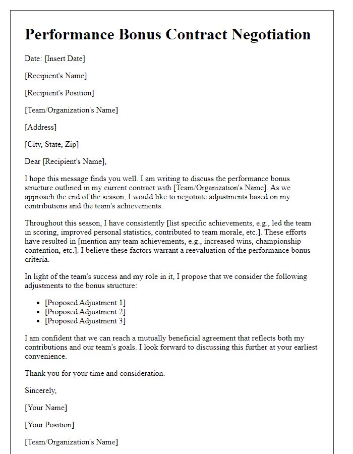 Letter template of sports team performance bonus contract negotiation