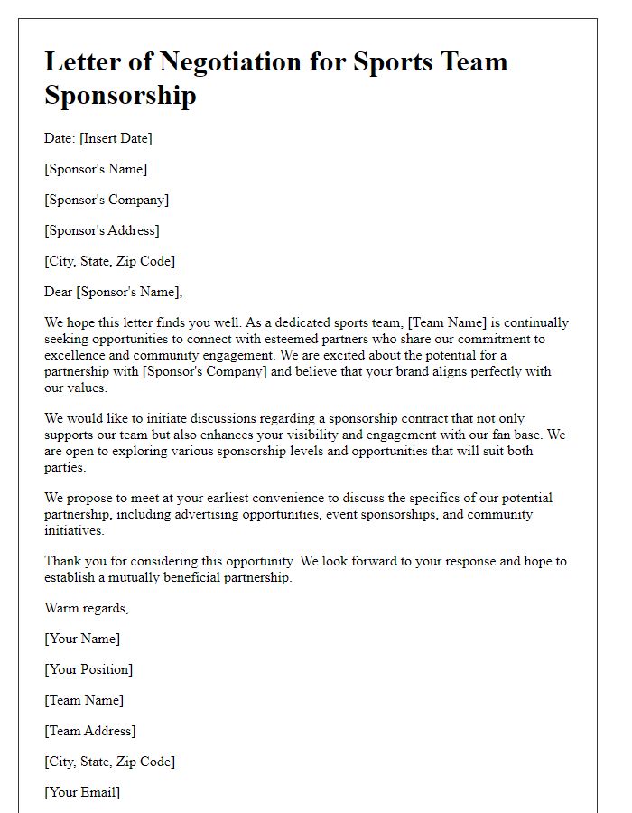 Letter template of sports team sponsorship contract negotiation