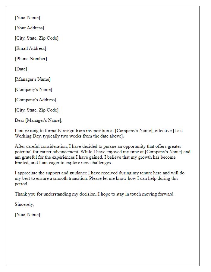 Letter template of resignation due to limited career advancement opportunities.