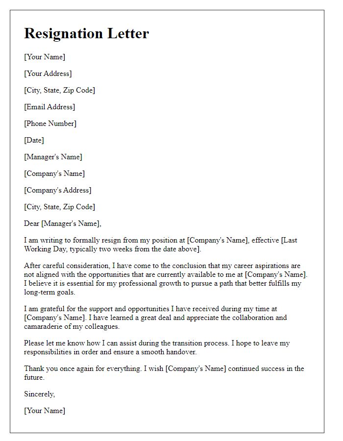 Letter template of resignation due to unfulfilled career aspirations.