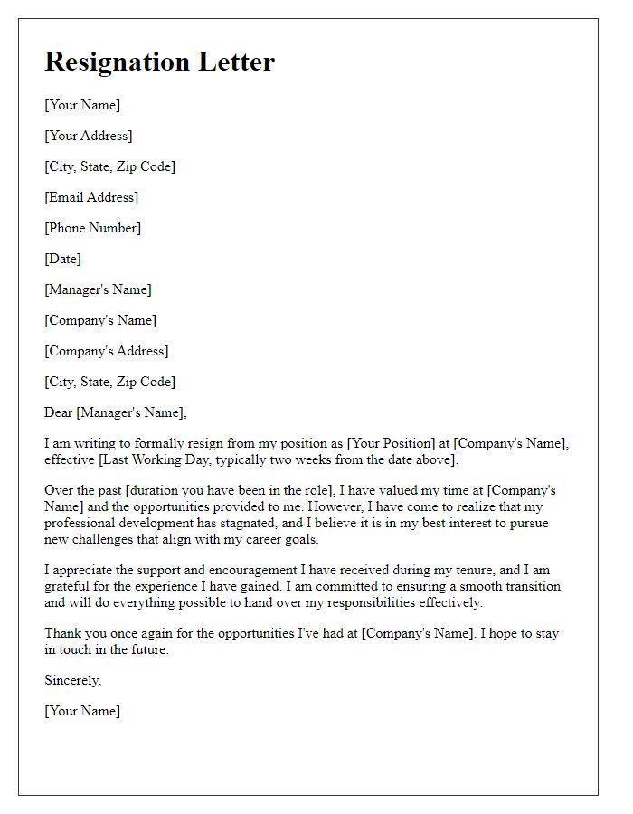 Letter template of resignation from role citing stagnant professional development.