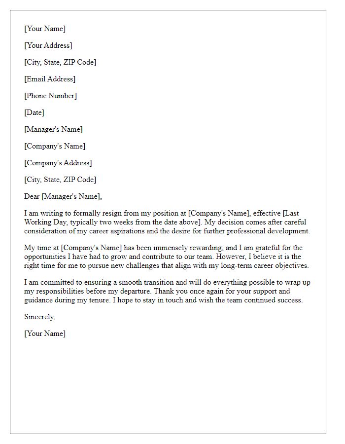 Letter template of resignation highlighting desire for professional development.