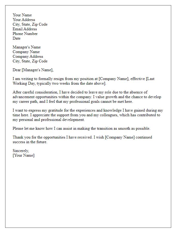 Letter template of resignation motivated by absence of advancement opportunities.