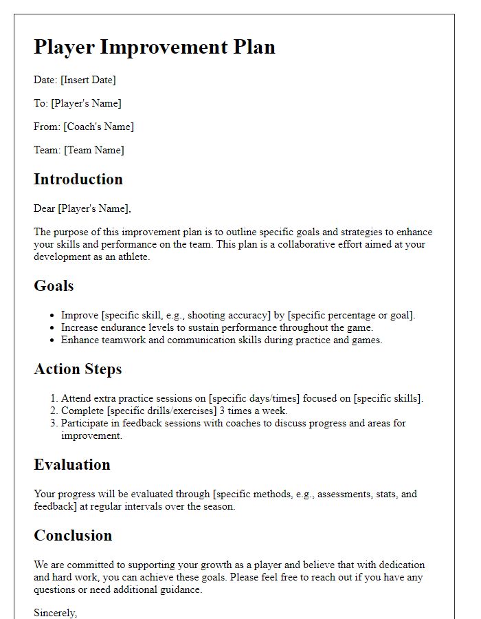 Letter template of player improvement plan for sports teams