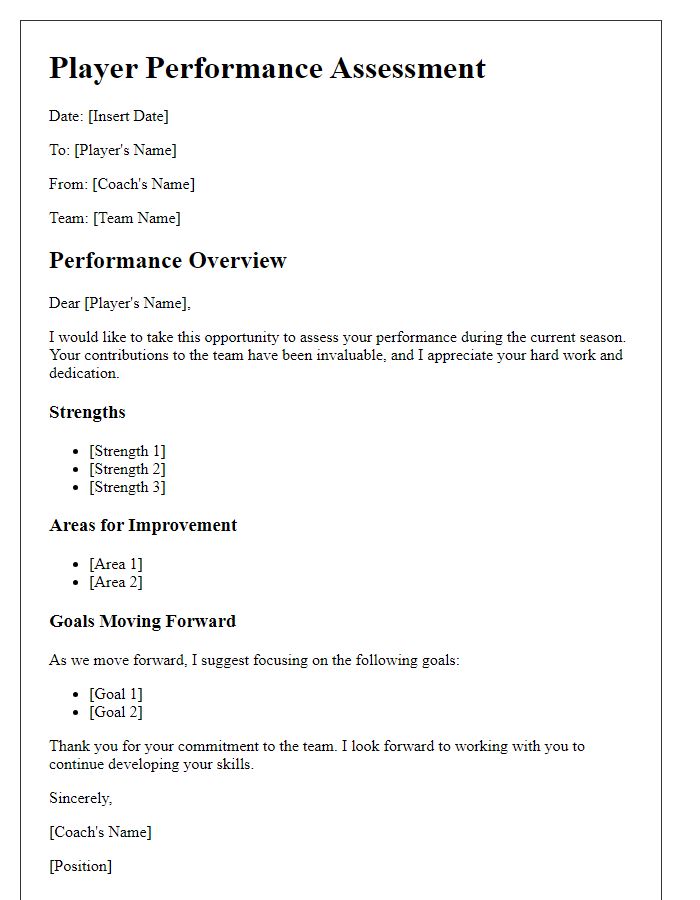 Letter template of player performance assessment for sports team