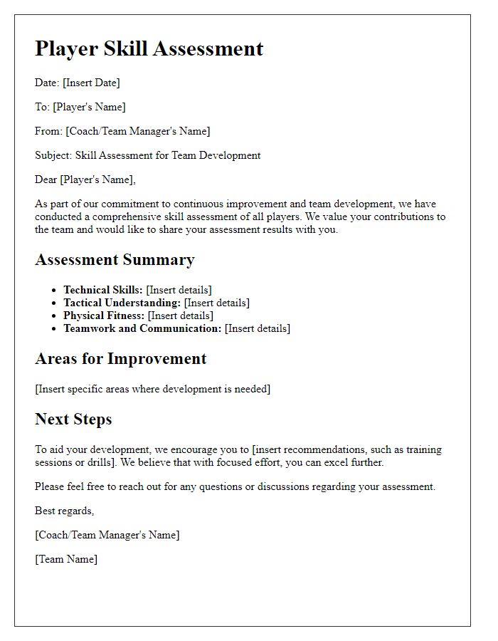 Letter template of player skill assessment for team development