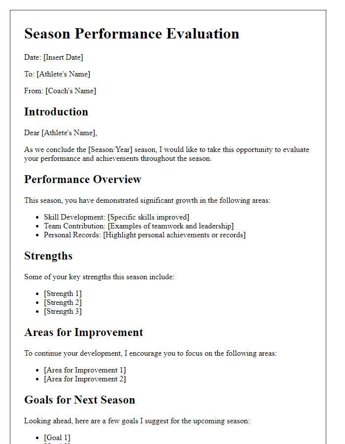 Letter template of season performance evaluation for athletes