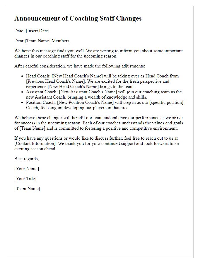 Letter template of sports team coaching staff changes