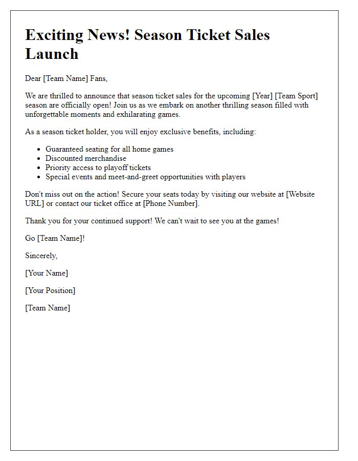 Letter template of sports team season ticket sales launch