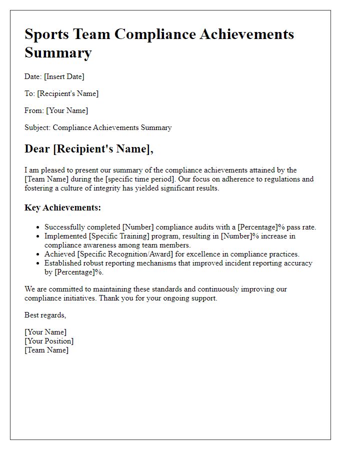 Letter template of sports team compliance achievements summary