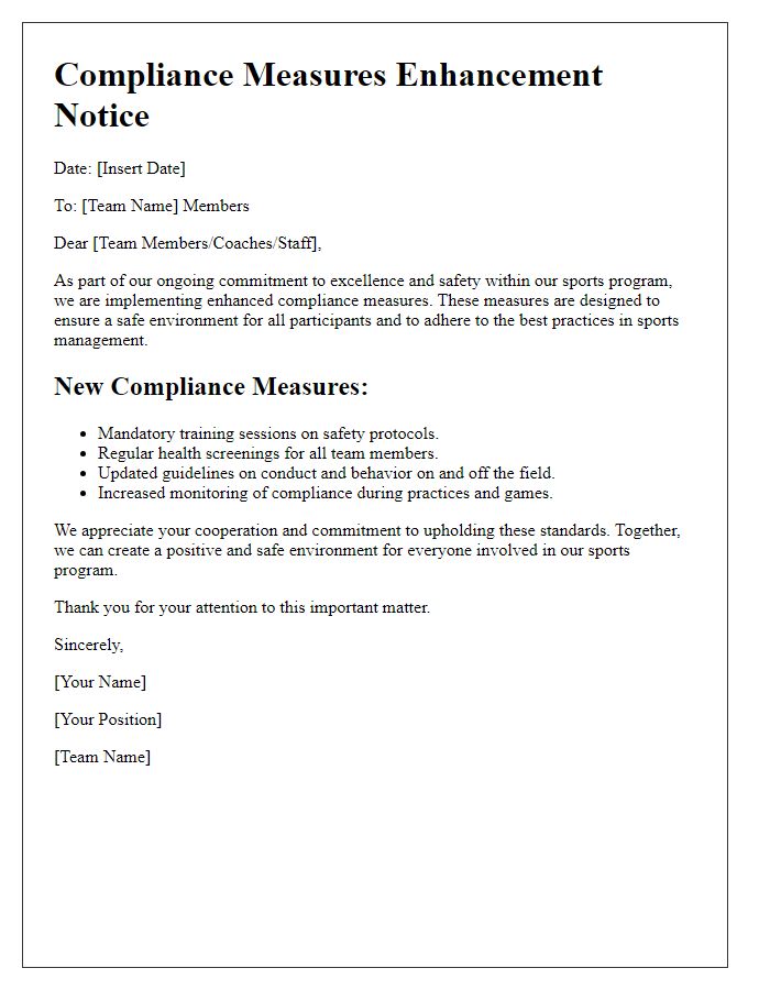 Letter template of sports team compliance measures enhancement