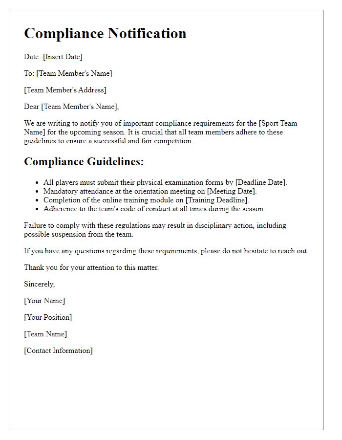 Letter template of sports team compliance notification