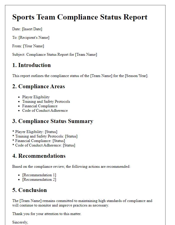 Letter template of sports team compliance status report