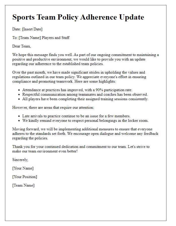 Letter template of sports team policy adherence update