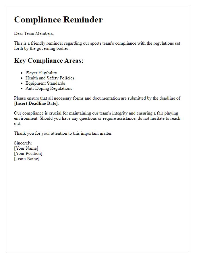 Letter template of sports team regulatory compliance reminder