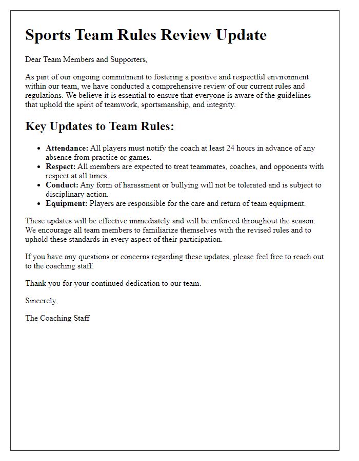 Letter template of sports team rules review update