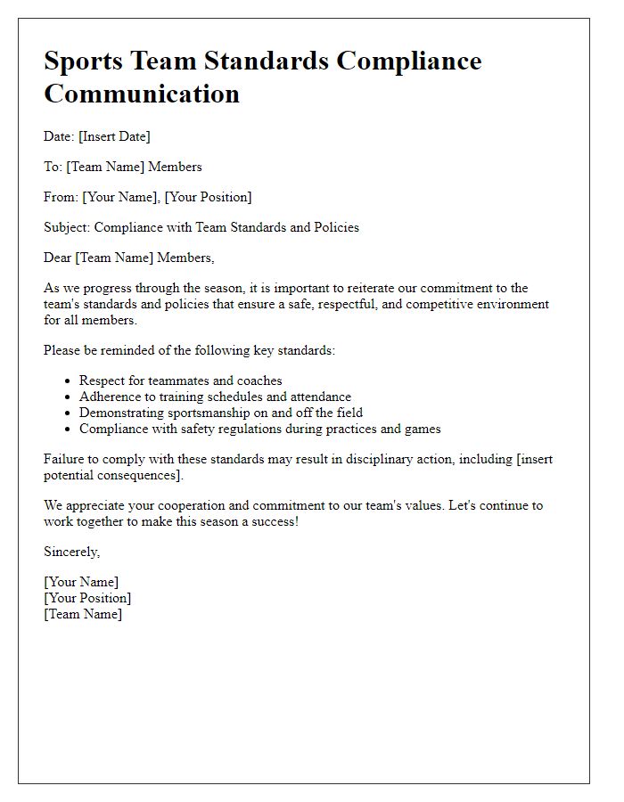 Letter template of sports team standards compliance communication