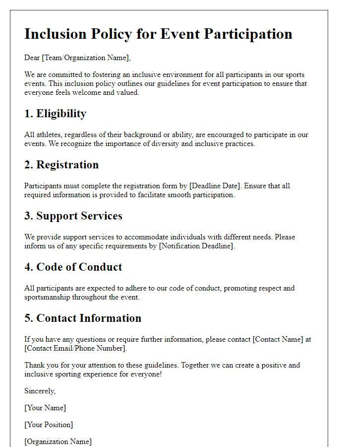 Letter template of sports team inclusion policy for event participation guidelines