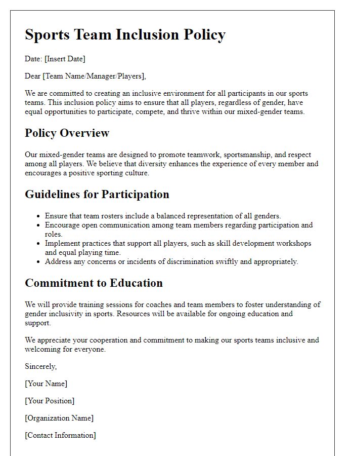 Letter template of sports team inclusion policy for mixed-gender teams