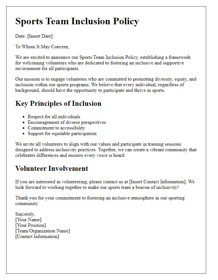 Letter template of sports team inclusion policy for volunteering initiatives