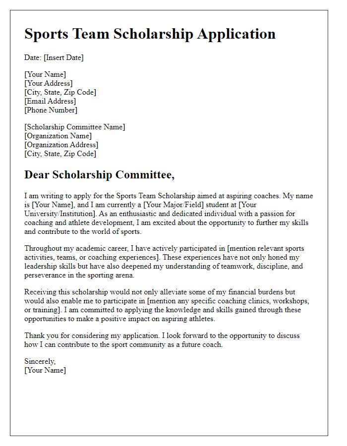 Letter template of sports team scholarship application for aspiring coaches