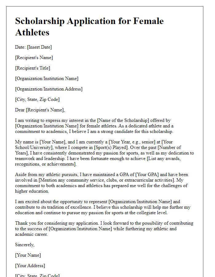 Letter template of sports team scholarship application for female athletes