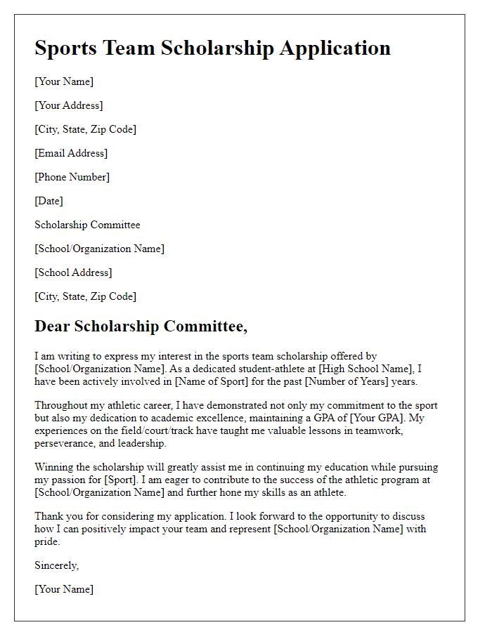 Letter template of sports team scholarship application for high school athletes