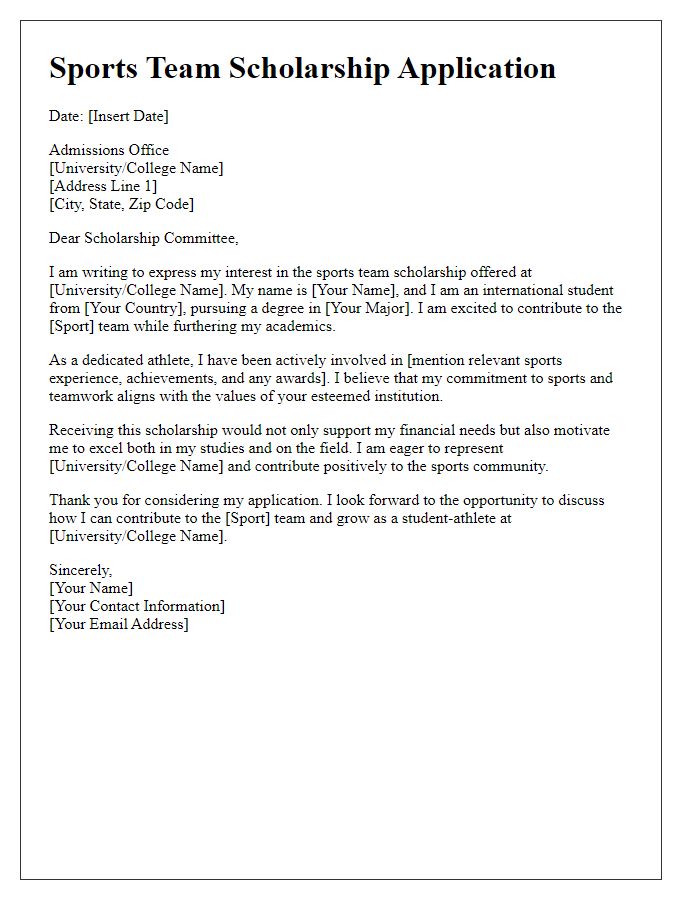 Letter template of sports team scholarship application for international students