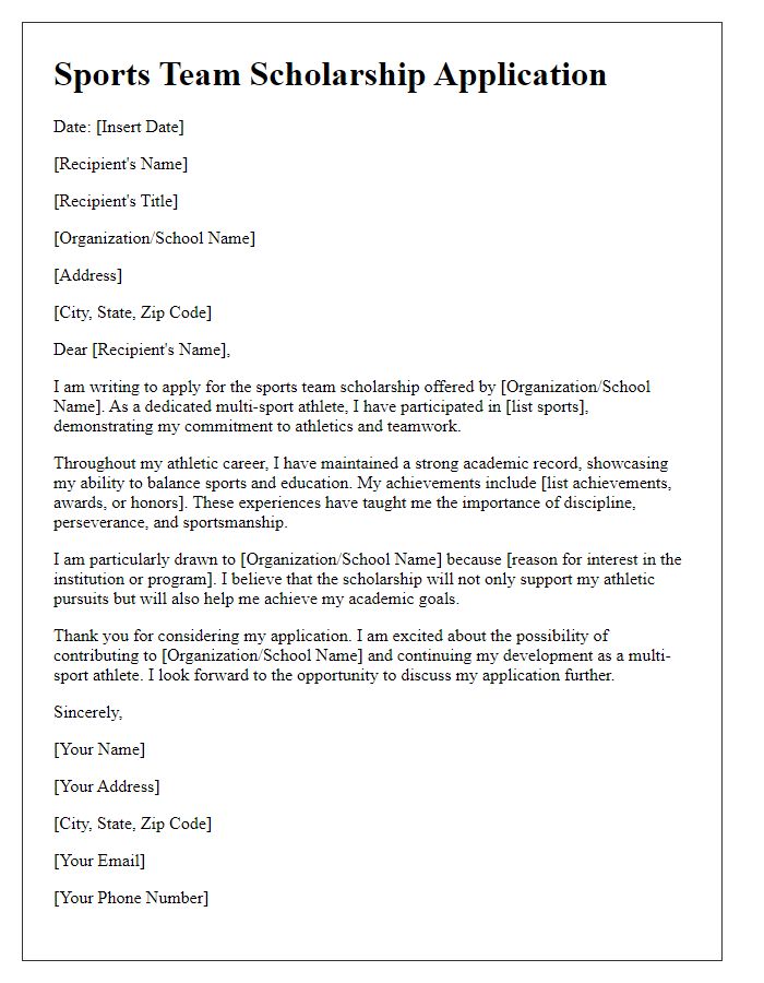 Letter template of sports team scholarship application for multi-sport athletes