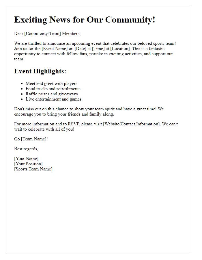 Letter template of promotional announcement for sports team community event