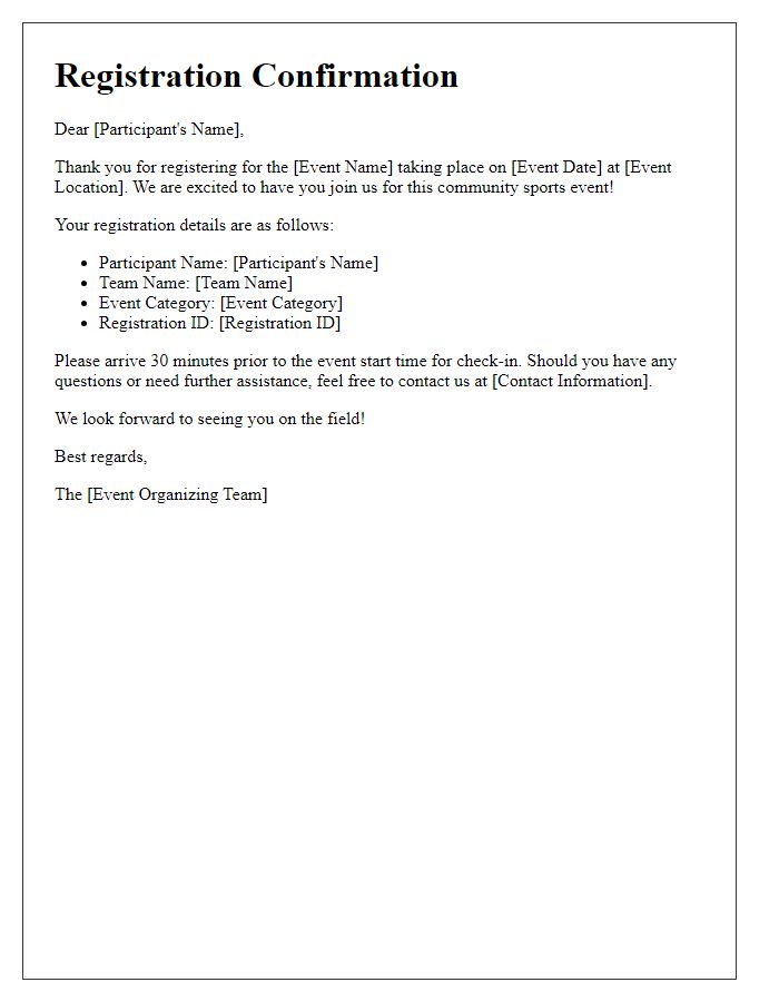 Letter template of registration confirmation for sports team community event