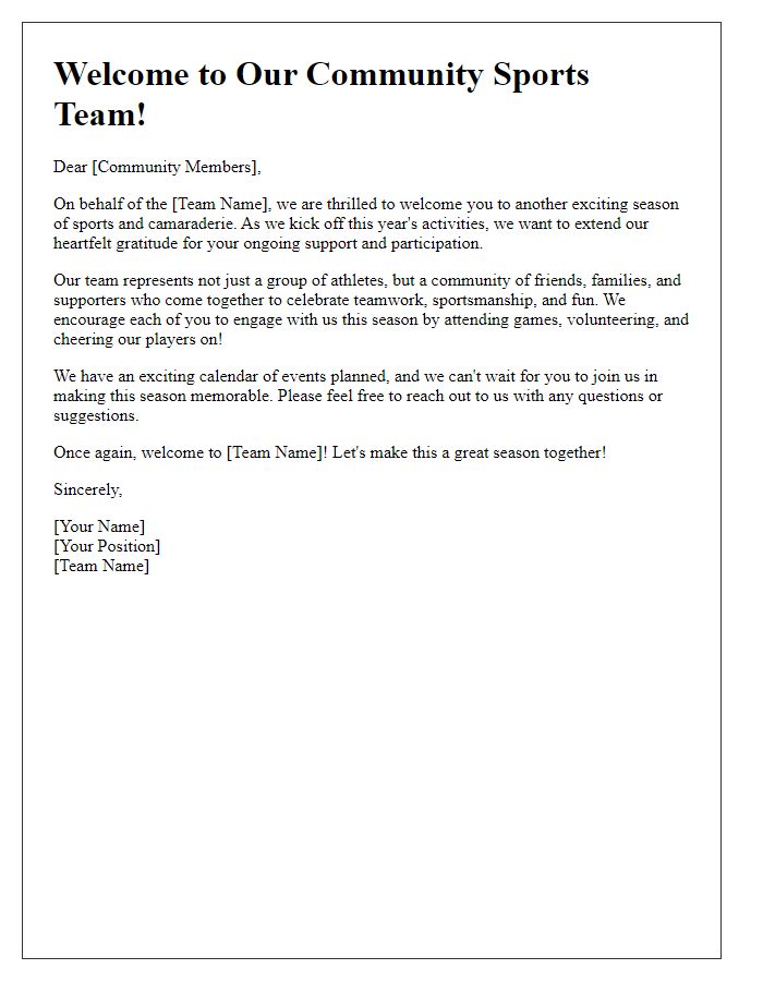 Letter template of sports team welcome address for community members.