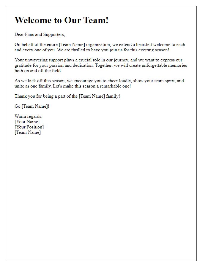 Letter template of sports team welcome address for fans and supporters.