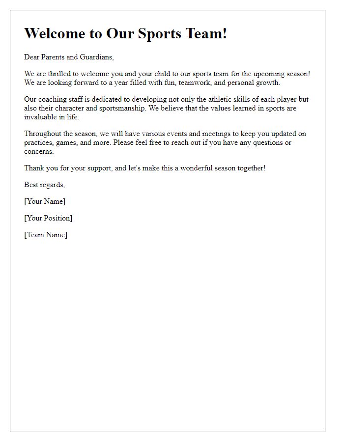 Letter template of sports team welcome address for parents and guardians.