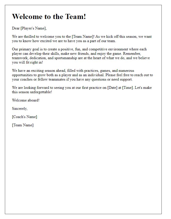 Letter template of sports team welcome address for youth players.