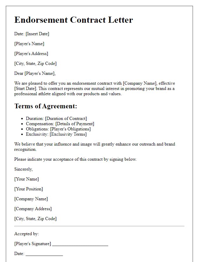 Letter template of endorsement contract for sports team players