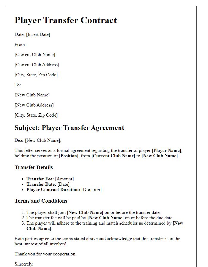 Letter template of player transfer contract for sports franchises