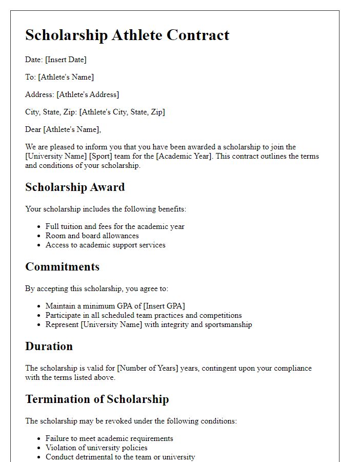 Letter template of scholarship athlete contract for university teams