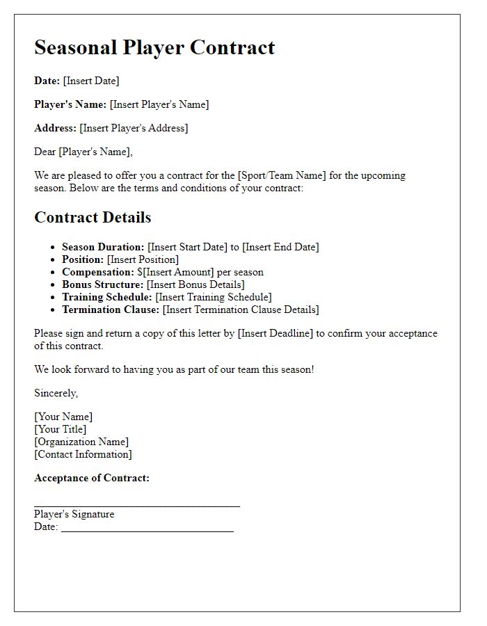 Letter template of seasonal player contract for a sports organization