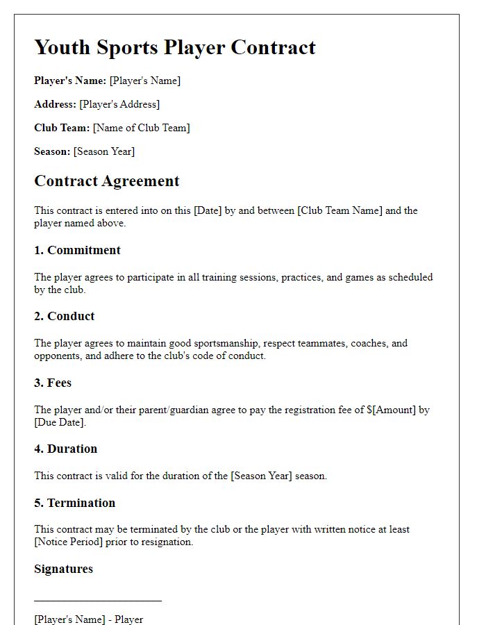 Letter template of youth sports player contract for club teams