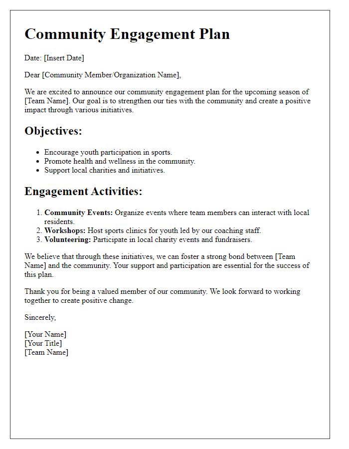 Letter template of sports team community engagement plan