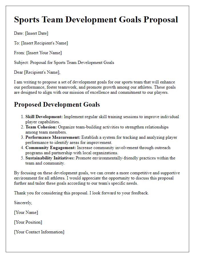 Letter template of sports team development goals proposal