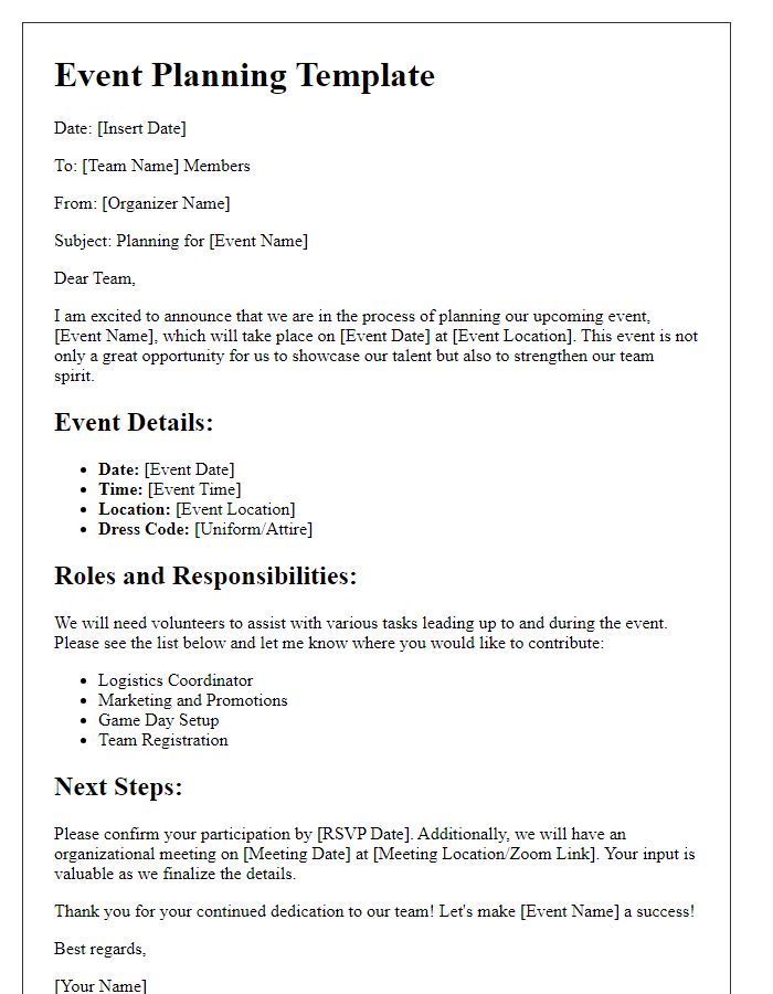 Letter template of sports team event planning and execution